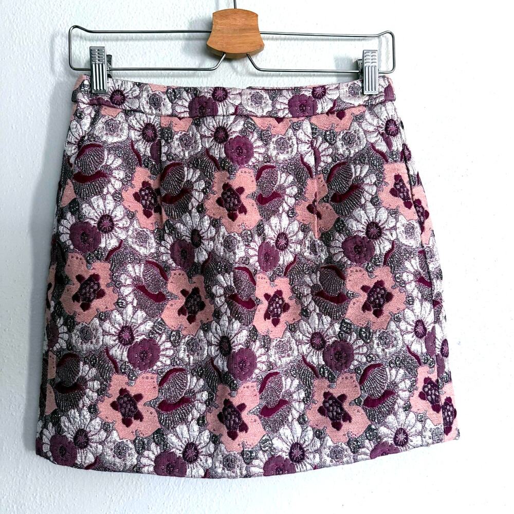 J CREW COLLECTION wool silk pink silver purple floral brocade mini pencil skirt